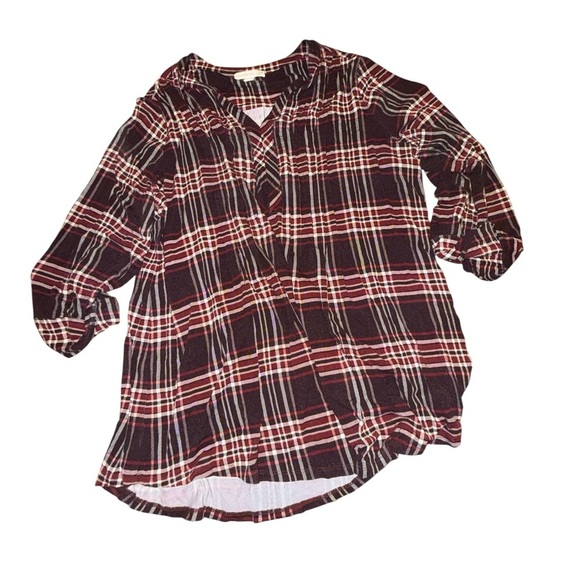 Westport Burgundy and Black Checkered V-neck Relaxed Fit Top - Picture 2 of 5